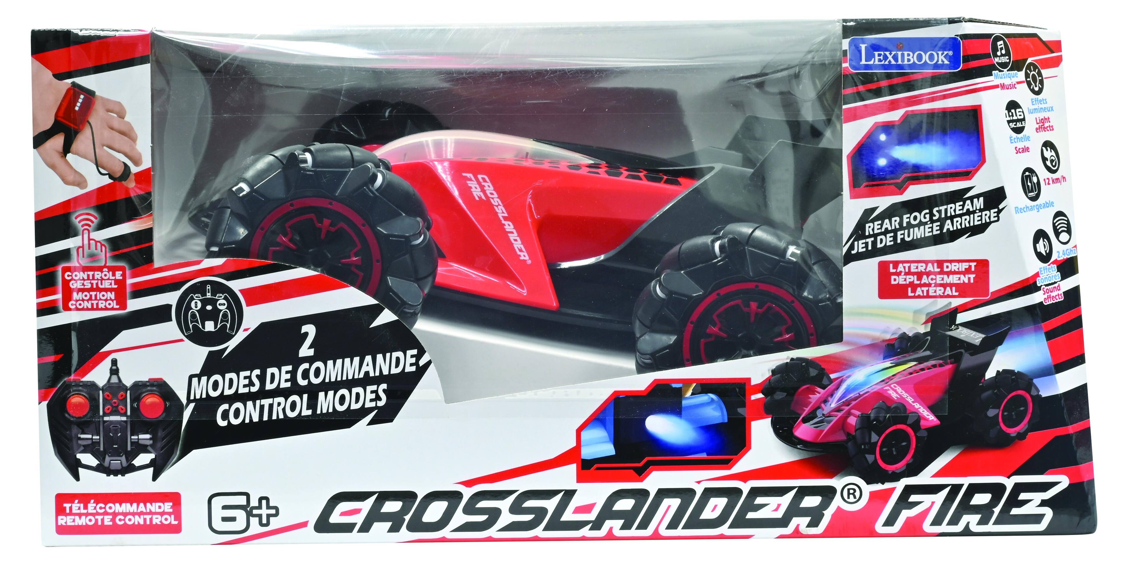 I CONTRLE GESTUEL MOTION CONTROL FIRE CROSSLANDER 1 2 MODES DE COMMANDE CONTROL MODES LEXIBOOK MUNC Musique Music Effets lumineux :16 Light SCALE effects Echelle Scale 12 km 1 STREAM Rechargeable REAR FOG ARRIRE DE FUME JET 2.4GH LATERAL DRIFT Effet DPL ACEMENT sonores LATRAL Sound effects FRC CROSSLANDER ANDER REMOTE TLCOMMANDE CONTROL 6+ EROSSLANDER FIRE