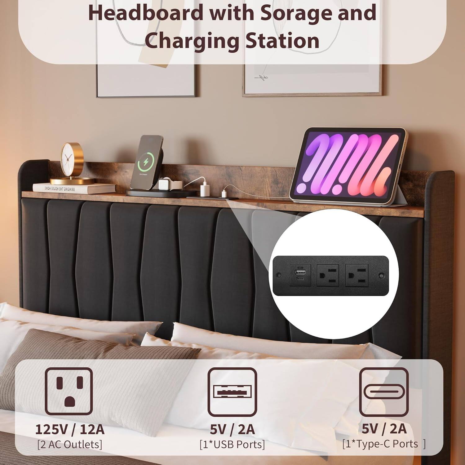 Headboard with Storage and Charging Station

125V / 12A [2 AC Outlets]

5V / 2A [1*USB Ports]

5V / 2A [1*Type-C Ports]