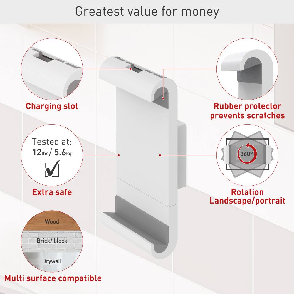 Greatest value for money

- Charging slot
- Rubber protector prevents scratches
- Tested at: 12 lbs / 5.6 kg
- Extra safe
- 360° Rotation
- Landscape/portrait
- Multi surface compatible
  - Wood
  - Brick/block
  - Drywall