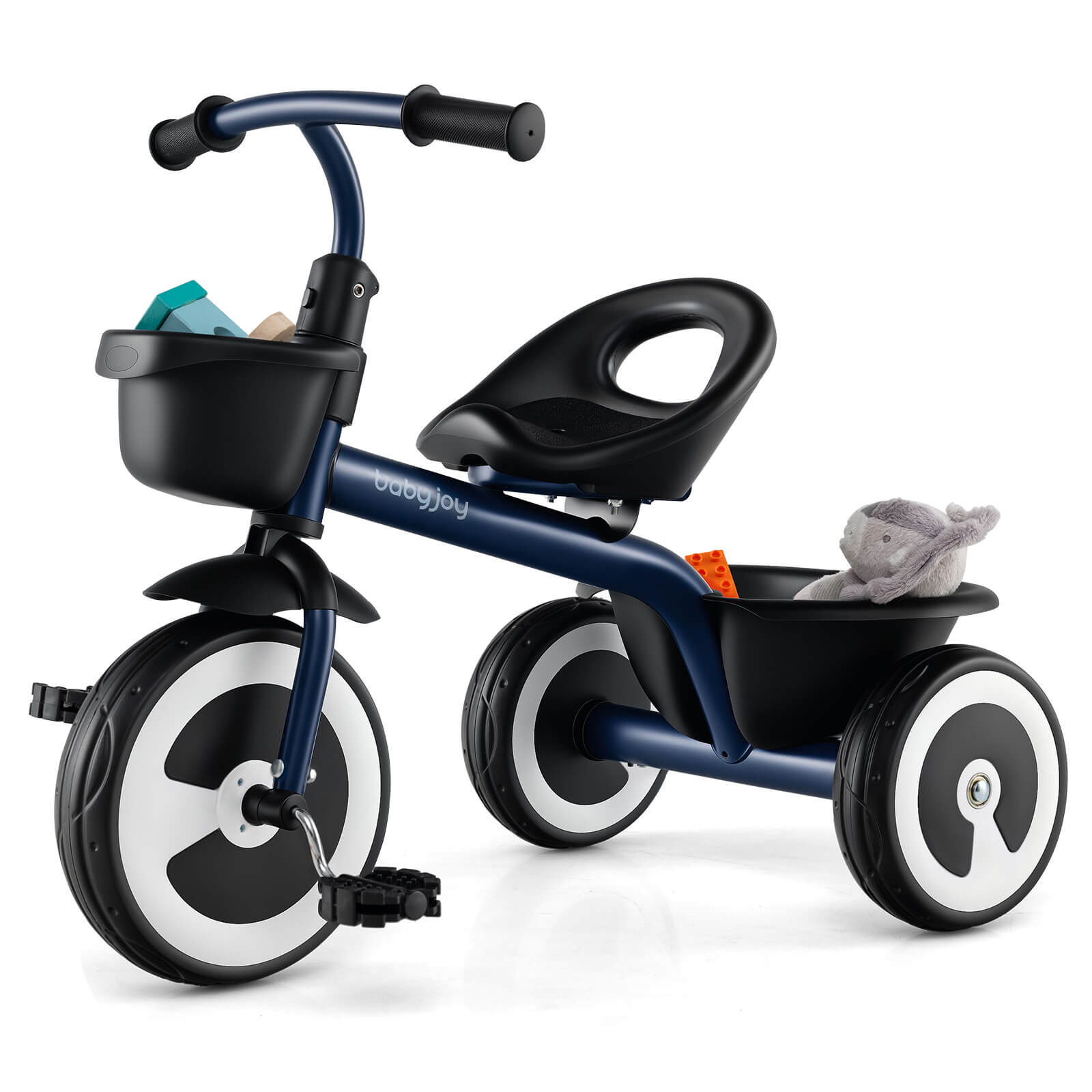 Costway - Toddler Tricycle Kids Trike with Adjustable Seat Front & Rear Storage Baskets - Navy