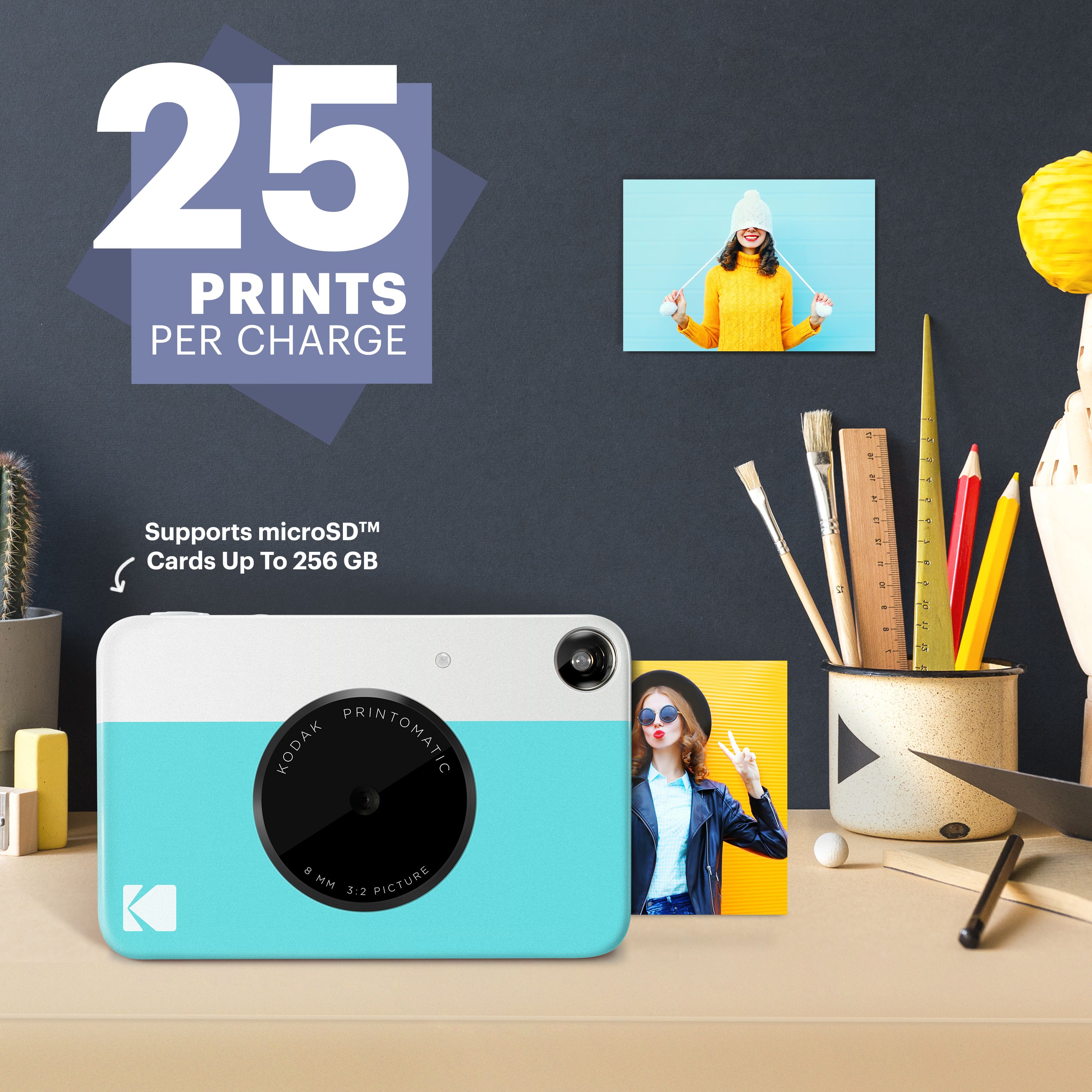 25 PRINTS PER CHARGE - a - 1 + 1 N microSDTM TM Supports Cards Up To 256 GB 2 a - 3 - + - H - KODAK PRINTOMATIC 3:2 PICTURE