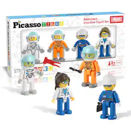 PicassoTiles - PICASSO-TILES 4PC Astronaut Magnetic Character Action Figures, Expansion Set for Building Tile Blocks Toy for Kids