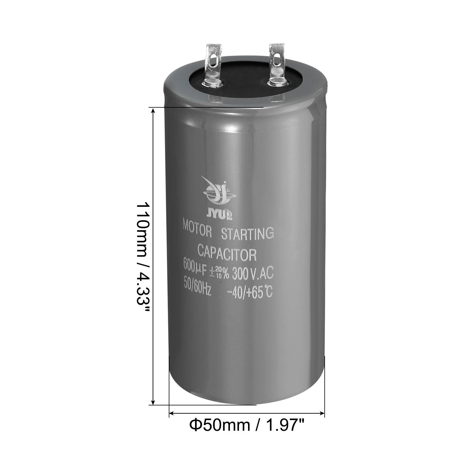 110mm / 4.33"  
guyo MOTOR STARTING CAPACITOR 600µF 20% 300V.AC 50/60Hz -40/+65°C  
50mm / 1.97"