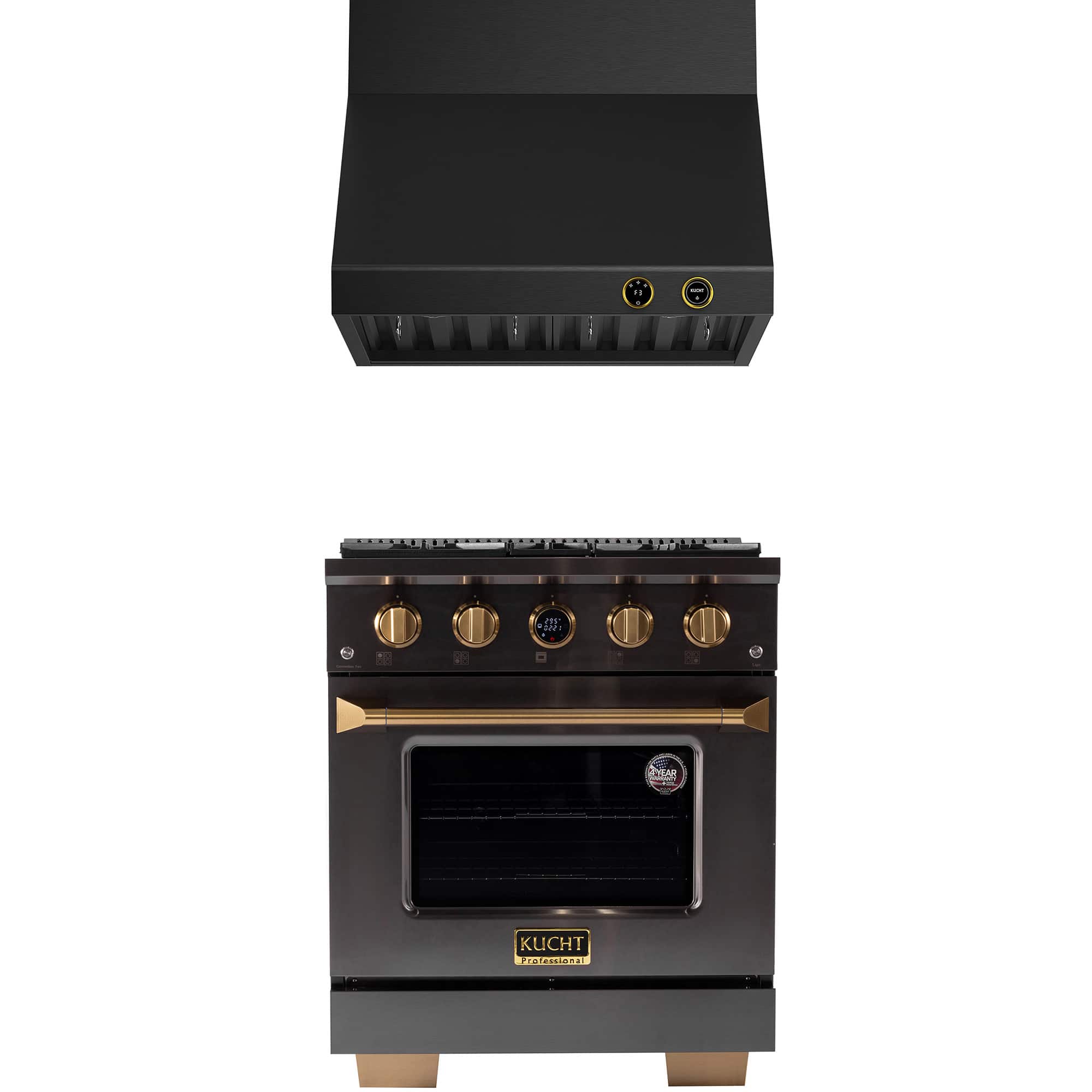 Kucht - 30 in. 4.2 cu. ft. 4 Burners Dual Fuel Range for Propane Gas in Titanium Stainless Steel + Wall Mount Range Hood - Gemstone with Gold accents