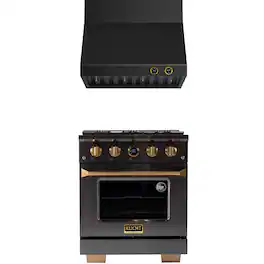 Kucht - 30 in. 4.2 cu. ft. 4 Burners Dual Fuel Range for Propane Gas in Titanium Stainless Steel + Wall Mount Range Hood - Gemstone with Gold accents