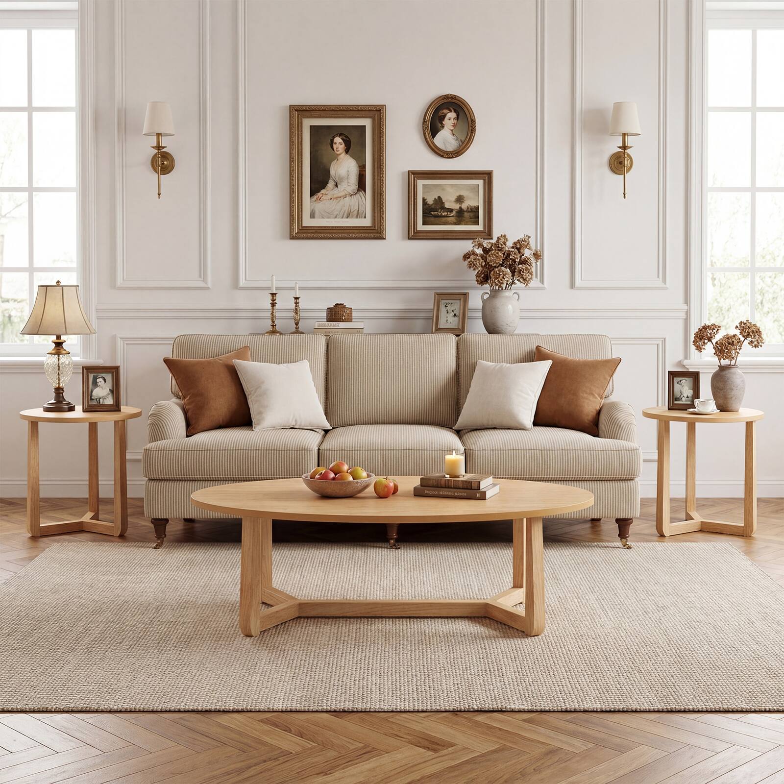 Alt View 1. Costway - Costway Nesting Coffee Table Set of 3 Oval Accent Table & Round Sofa Side Table - Natural.