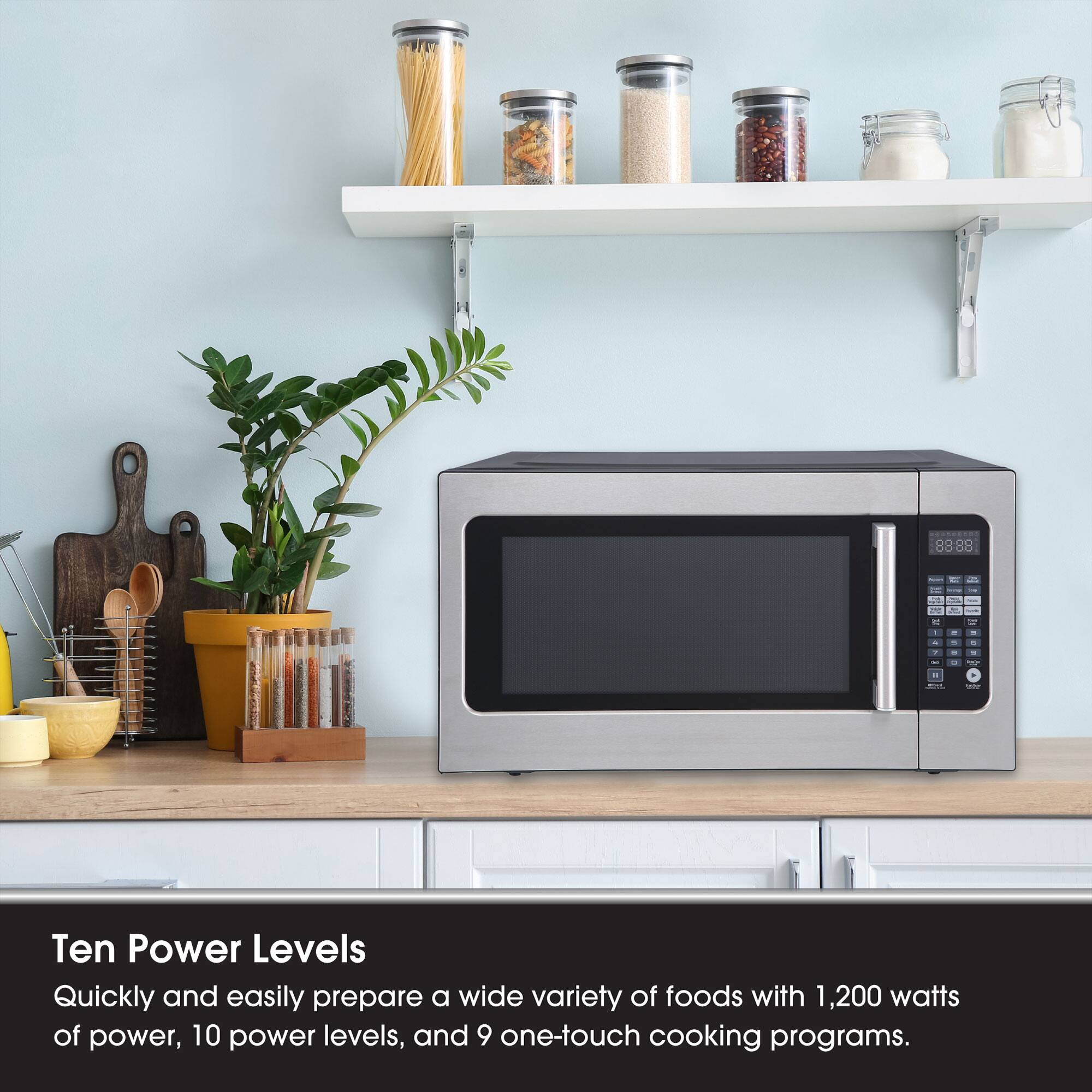 Ten Power Levels

Quickly and easily prepare a wide variety of foods with 1,200 watts of power, 10 power levels, and 9 one-touch cooking programs.