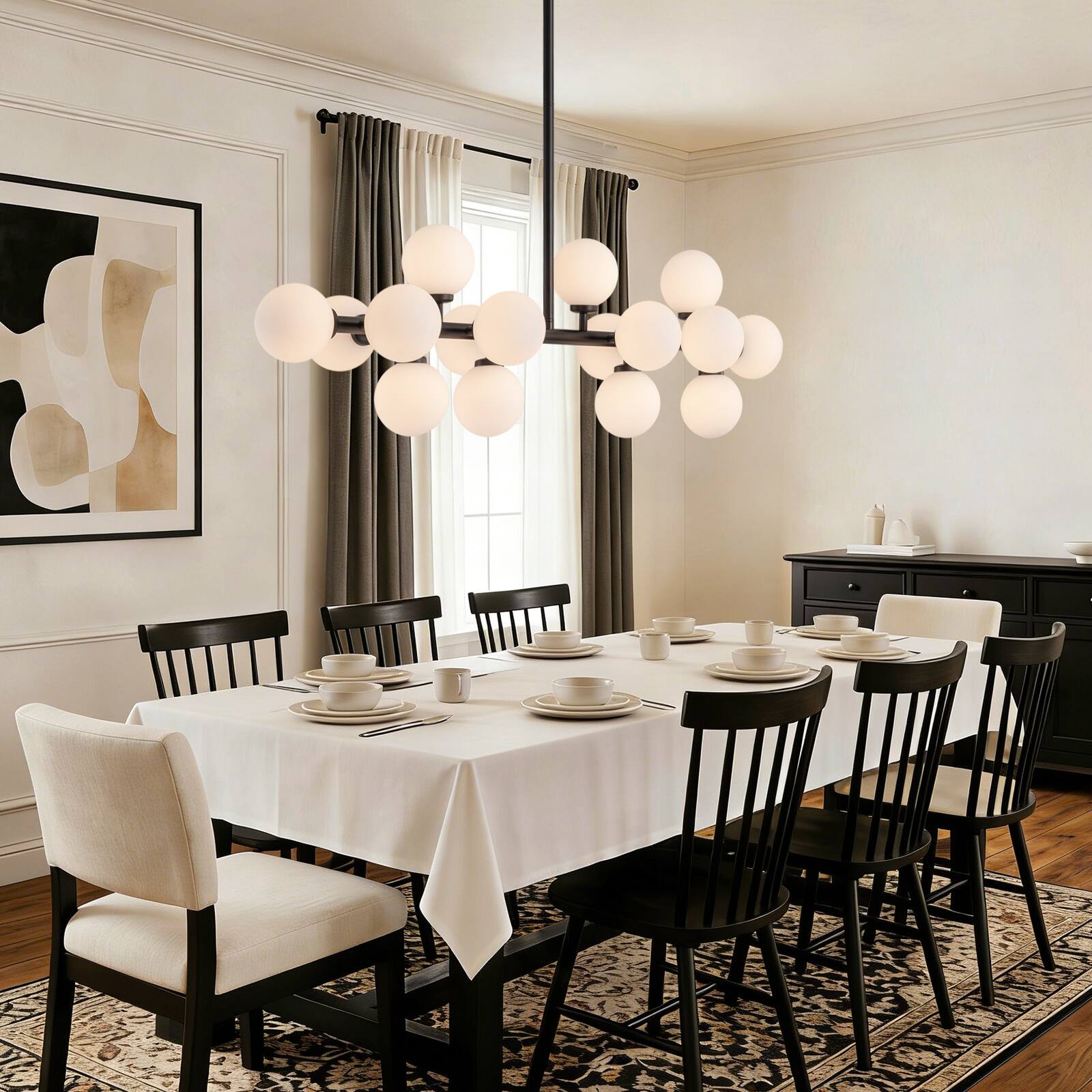 Back. Siljoy - 39.4" Matte Black 16-Light Linear Sputnik Chandelier Adjustable Height for Dining Room Kitchen Island Living Room Foyer - Black.