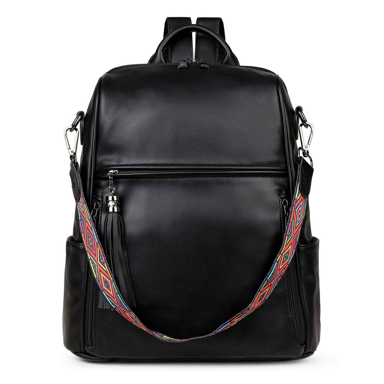 Front. Cozy Serene - Leather Backpack Purse For Women Designer Travel Purses Pu Fashion Ladies Shoulder Bag With Tassel - 1 Pure Black-Medium (14-in Height).