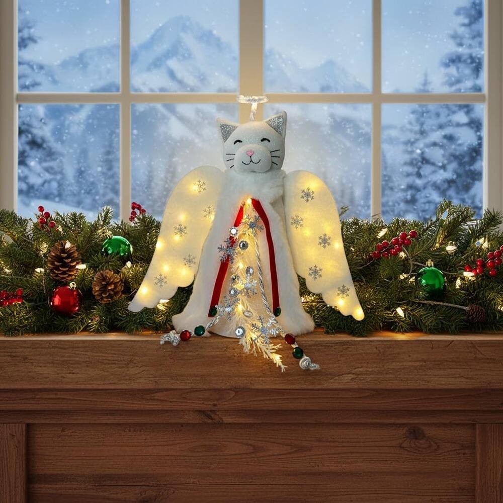 Alt View 5. Schertz - Cat 'Christmas Miracle' Tree Topper – LED Halo, Snowflake Garland, Wings - white.