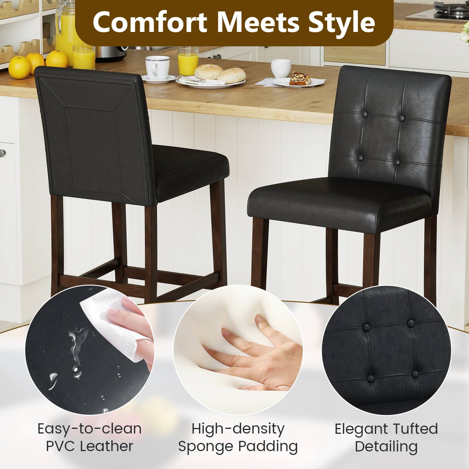 Comfort Meets Style

- Easy-to-clean PVC Leather
- High-density Sponge Padding
- Elegant Tufted Detailing