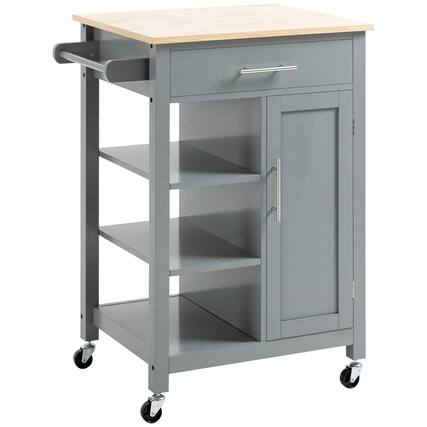 Front. Homcom - Kitchen Island Cart, Rolling Kitchen Island with Storage Shelf, Solid Wood Top, Drawer, for Dining Room - Grey.