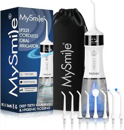 MySmile LP221 CORDLESS ORAL IRRIGATOR
8012% TEMPERATURE
Strong
MySmile OLED Display
Customizable UVC Light Pressures
DEEP TEETH CLEANING & HYGIENIC FLOSSING
FC CE ROHS
MySmile - TEETH
MySmile OZ MAX 335 MIN 250