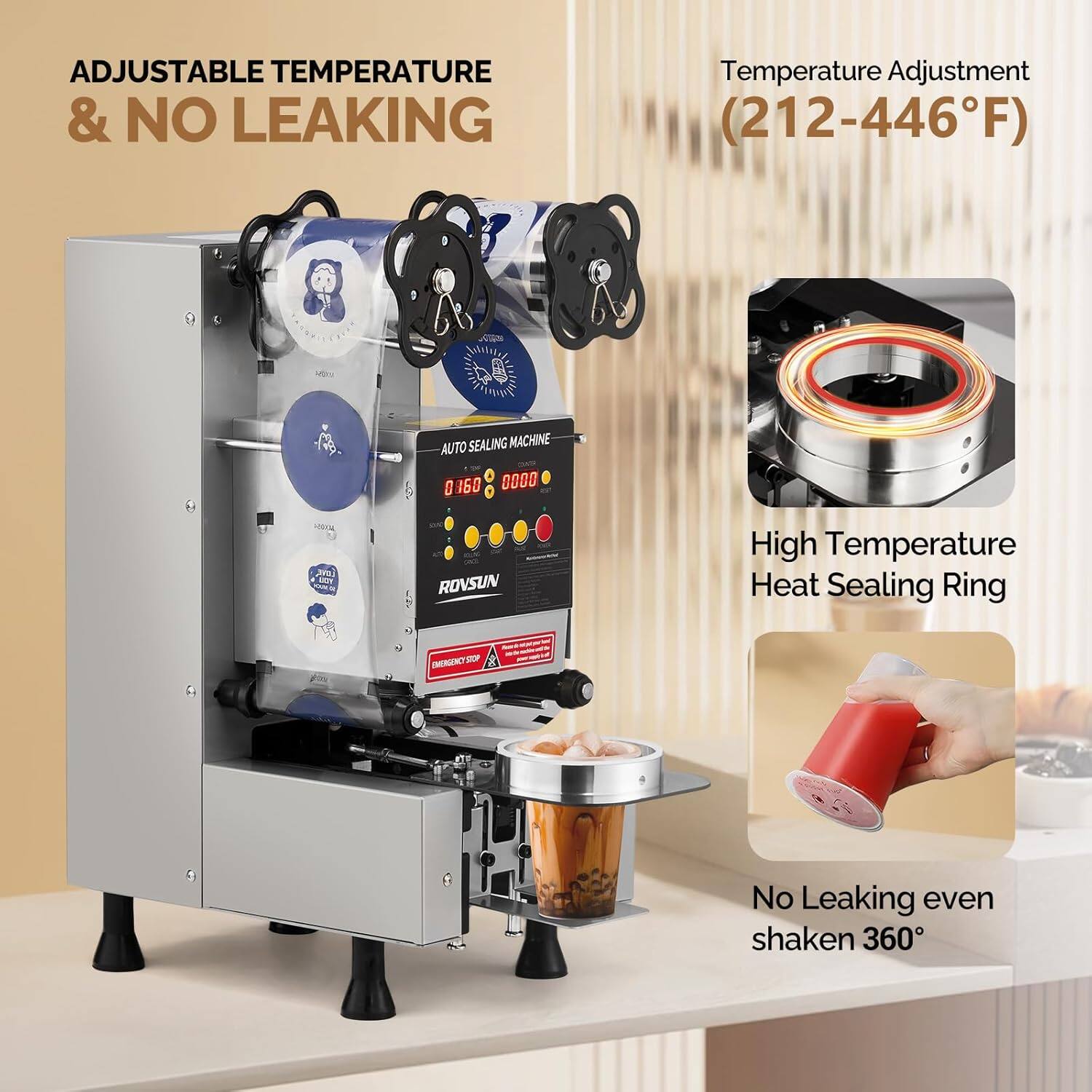 ADJUSTABLE TEMPERATURE & NO LEAKING

Temperature Adjustment (212-446°F)

High Temperature Heat Sealing Ring

No Leaking even shaken 360°