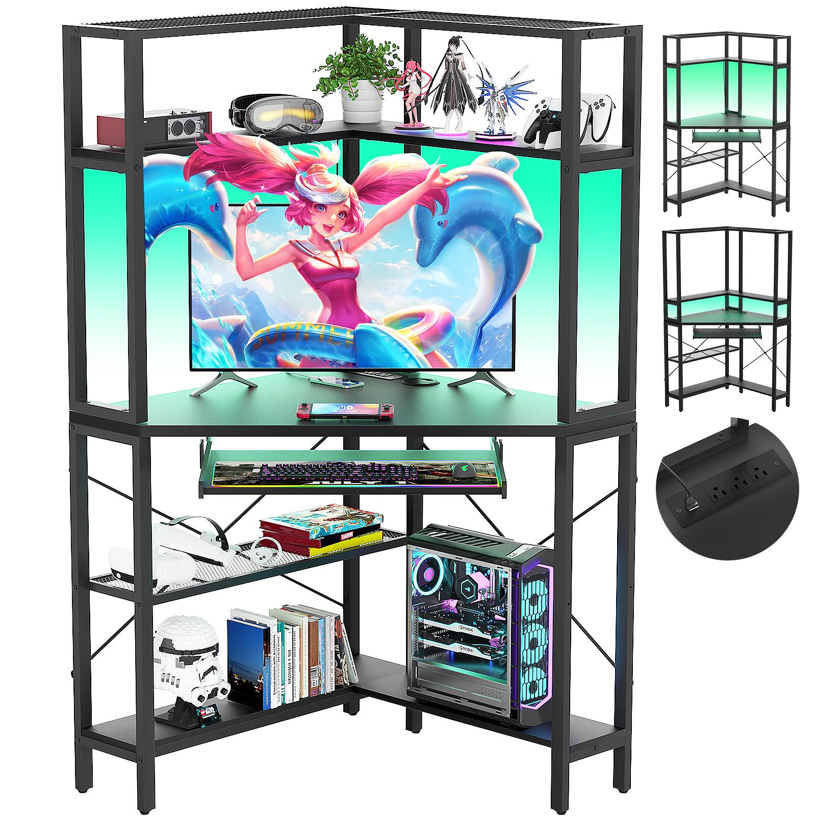 Angle. Aheaplus - Corner Computer Desk with Hutch, Gaming Desk with Keyboard Tray for Home & Office - Black.