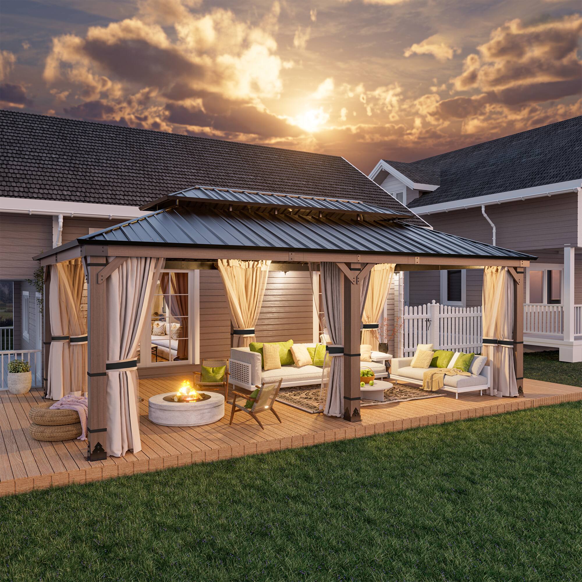 Left. Mondawe - 12x20 ft. Solid Cedar Wood Patio Gazebo with Curtains and Mesh Screens - Natural Wood + Black.