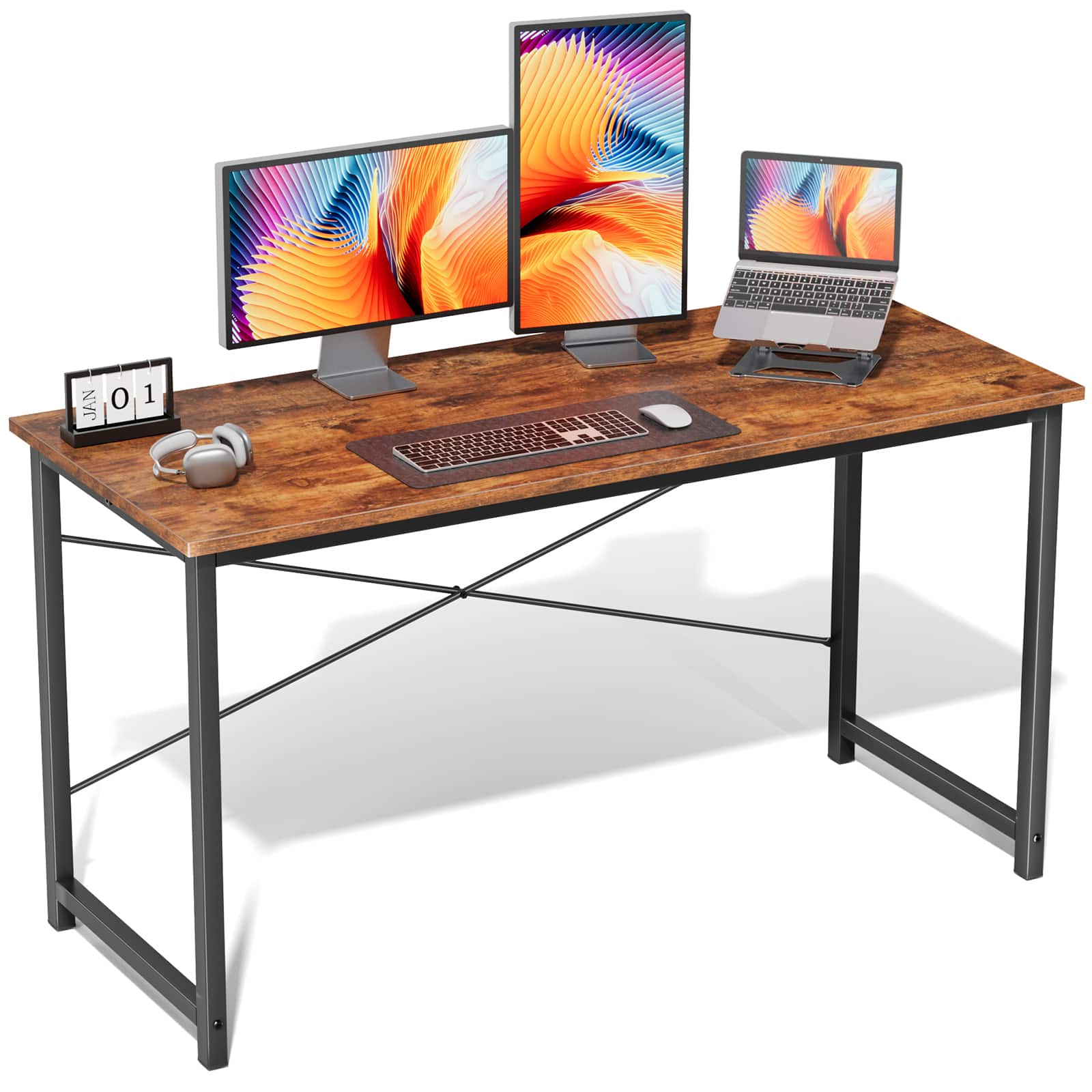 AENKYO - 55 inch Computer Desk Modern Kids Study Table for Home Office - Brown