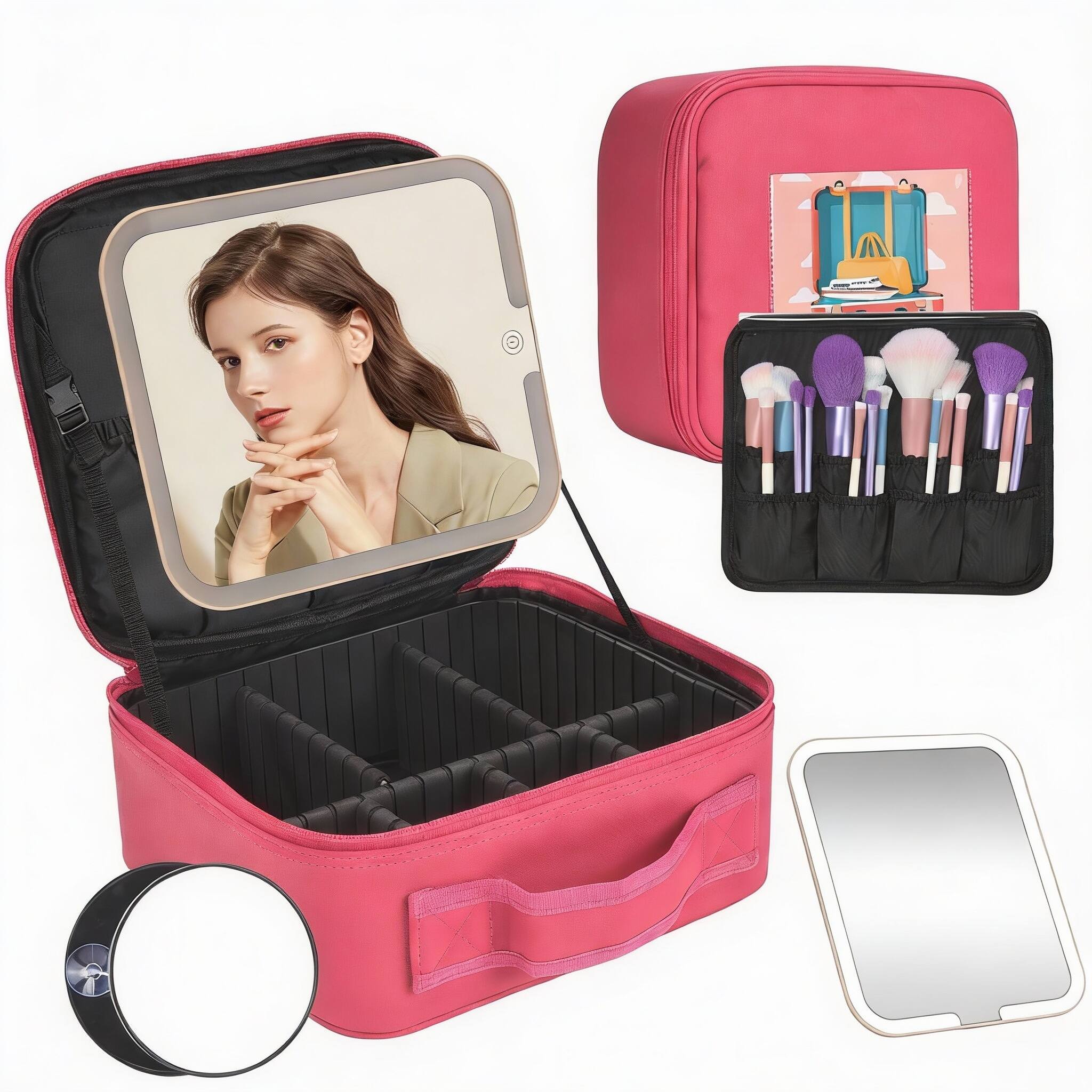 Front. OMOMMD - Travel Makeup Bag With Led Mirror Case Color Setting Organizer Adjustable Dividers Portable Make Up Box Bru - Rose-UP.