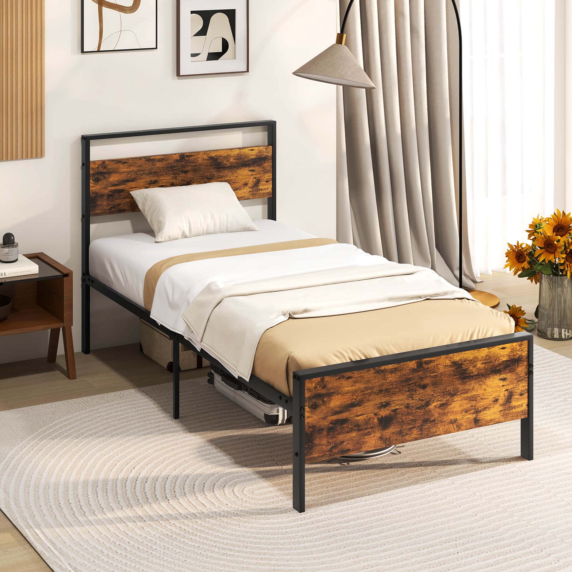 Angle. Costway - Twin Size Bed Frame with Wooden Headboard and Footboard Under-Bed Storage - Brown.