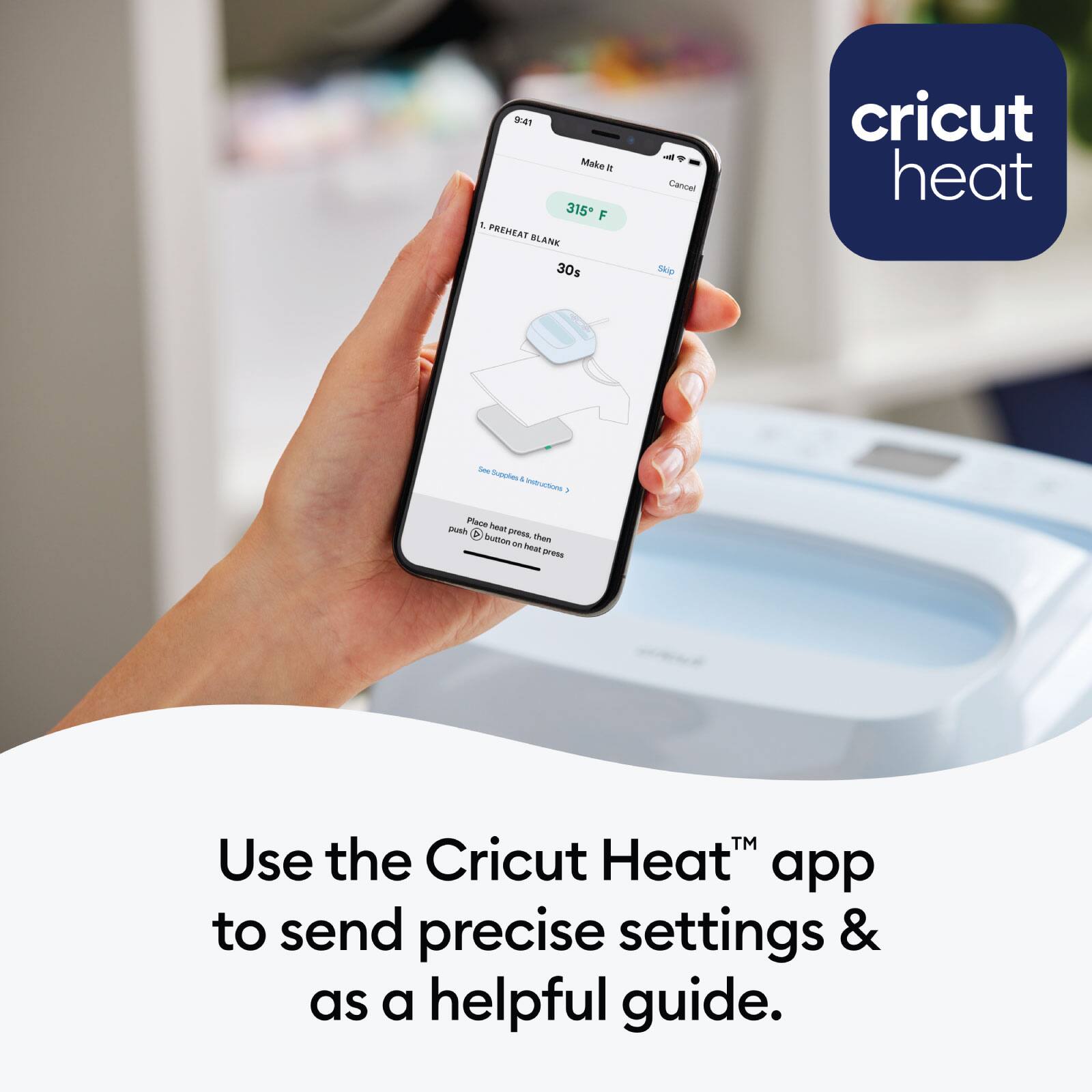 94 Make it 315 F. PREHEAT BLANK 30s + Cancel SAC cricut heat - Suscites + n - Place heat h - PORL button thas - heal pe TM Use the Cricut Heat app to send precise settings & as a helpful guide.