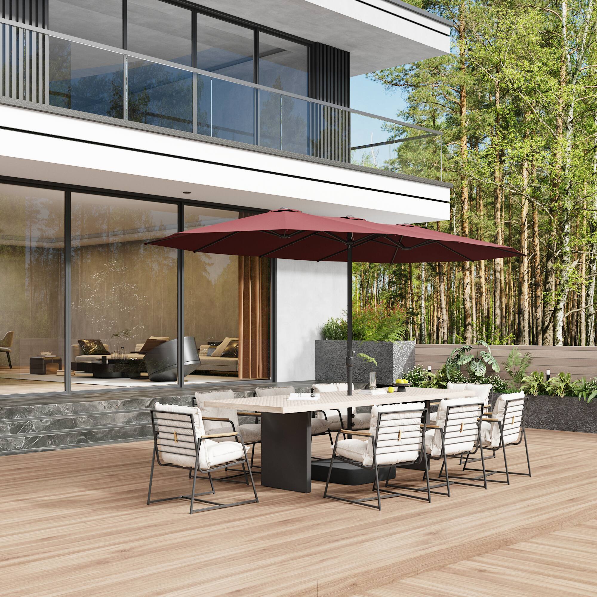 Back. Famapy - 15ft x 9ft Large Rectangular Outdoor Patio Umbrella with Weighted Base - Heavy-Duty Market Shade - Multiple Colors - Burgundy.