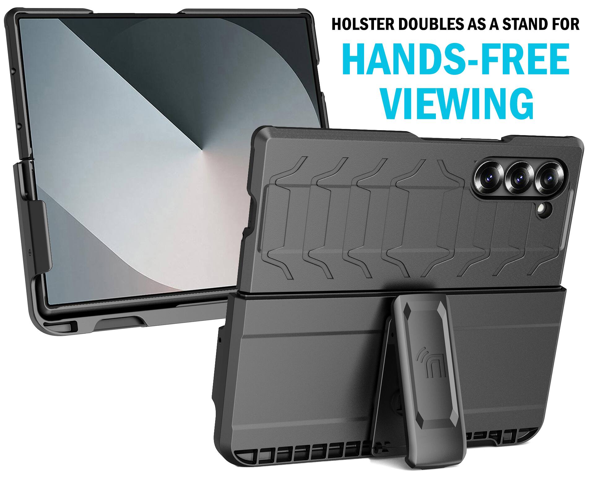 Holster doubles as a stand for hands-free viewing