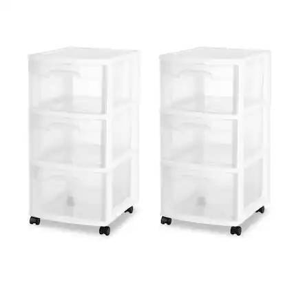 Front. Sterilite - Sterilite 3 Drawer Storage Cart, Plastic Rolling Organizer with Wheels, 2 Pack - White.