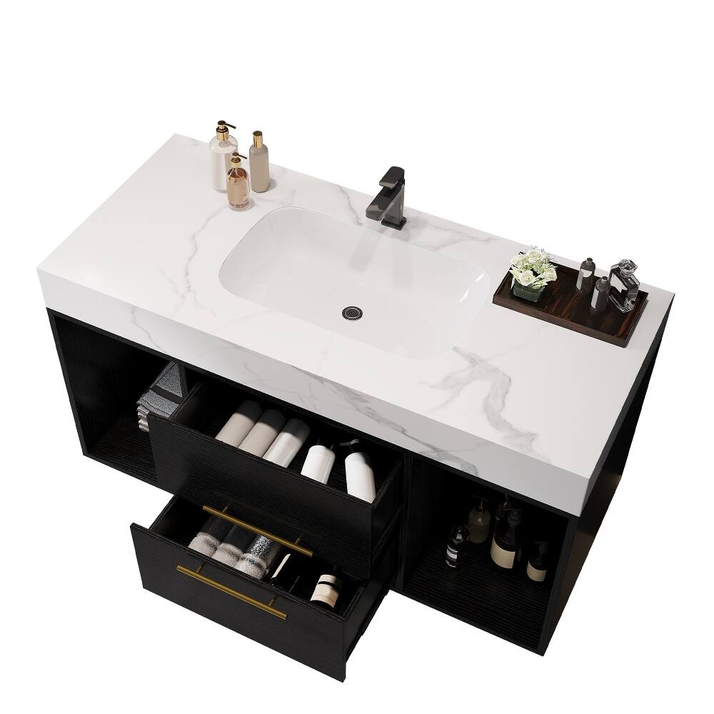 Alt View 6. Loheer - Loheer 39.4 inch floating bathroom vanity Wall Mounted Cabinet with Ceramic Sink Sintered Stone Top - White/Black.