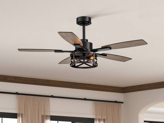 Front. Siljoy - 52 Inch Black Ceiling Fan with Lights and Remote Farmhouse Cage Ceiling Fan Fits Patio Bedroom Living Room - Gold and Black.