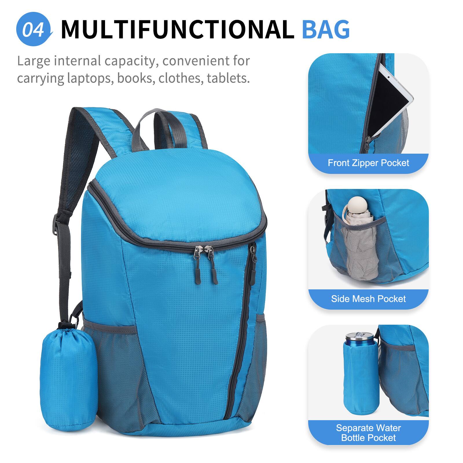 04 MULTIFUNCTIONAL BAG

Large internal capacity, convenient for carrying laptops, books, clothes, tablets.

- Front Zipper Pocket
- Side Mesh Pocket
- Separate Water Bottle Pocket