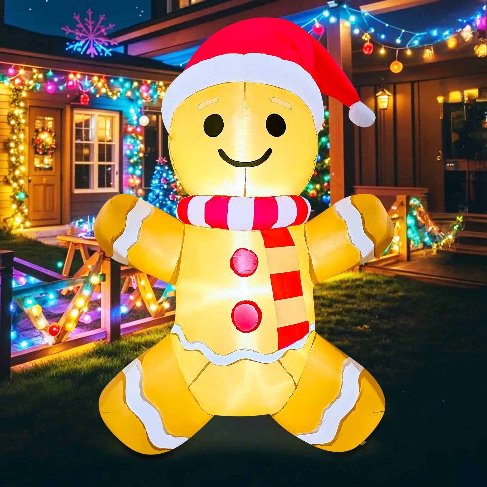 Left. GOOSH Inflatables - GOOSH 5.2FT Gingerbread Man Inflatable with Santa Hat and LED Lights for Christmas Décor - Brown.