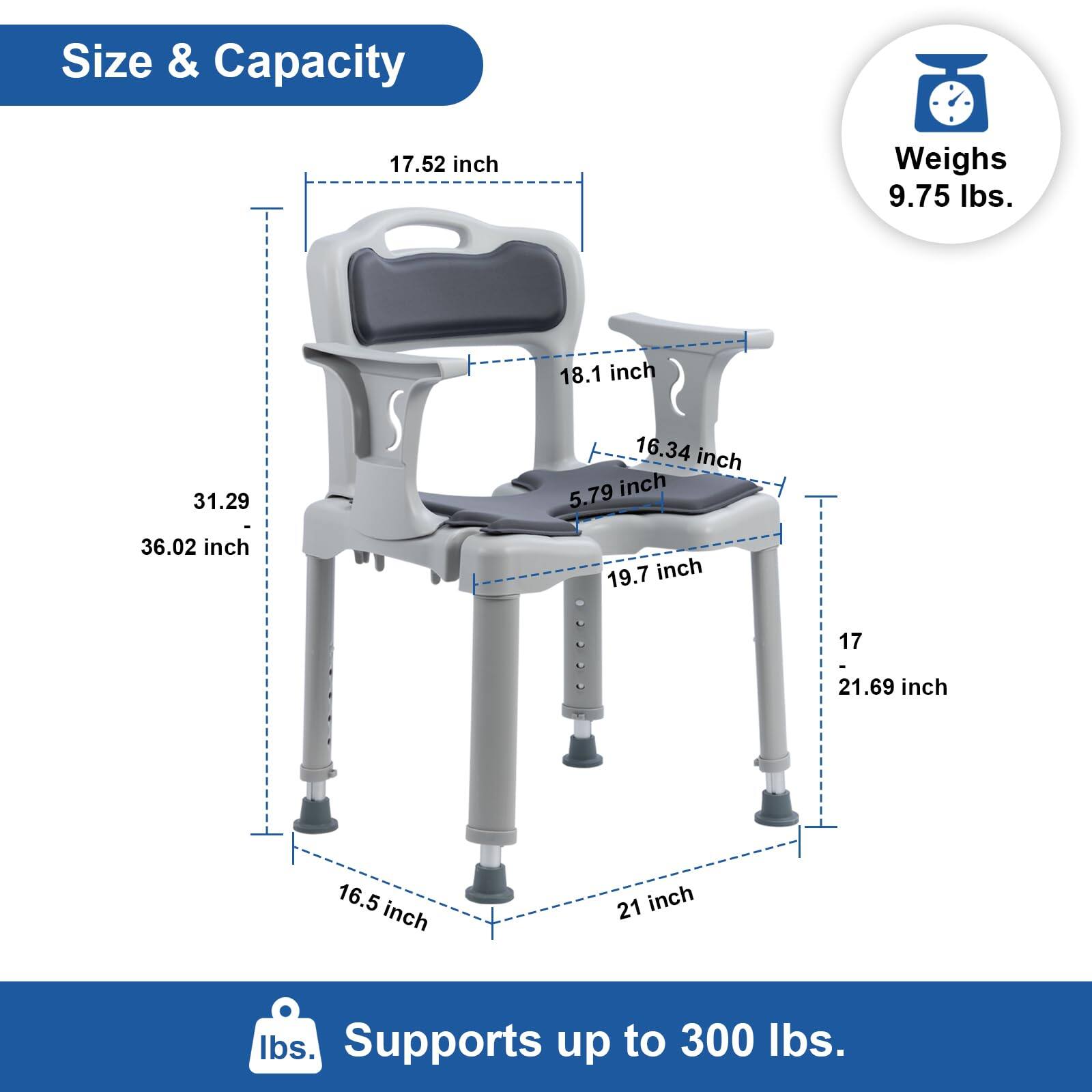 Size & Capacity

- 17.52 inch
- 18.1 inch
- 16.34 inch
- 5.79 inch
- 36.02 inch
- 19.7 inch
- 17 inch
- 21.69 inch
- 16.5 inch
- 21 inch

Weighs 9.75 lbs.

Supports up to 300 lbs.