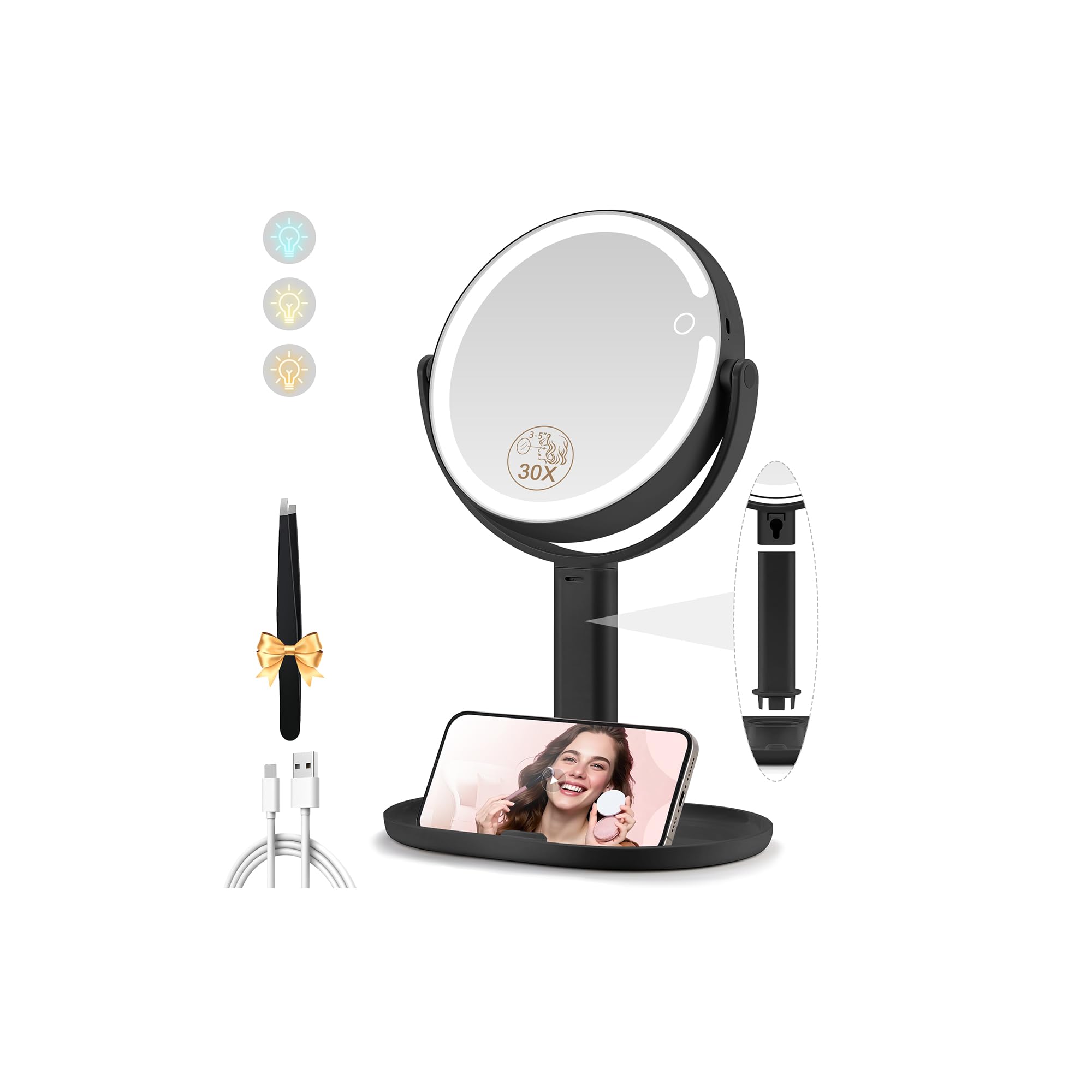 Skar Audio - Makeup With Lights Double Sided 1x 20x Magnifying Light Rechargeable 3 Color And Adjustable Brightness 360 - 30x-black 11.8"L x 8.7"W