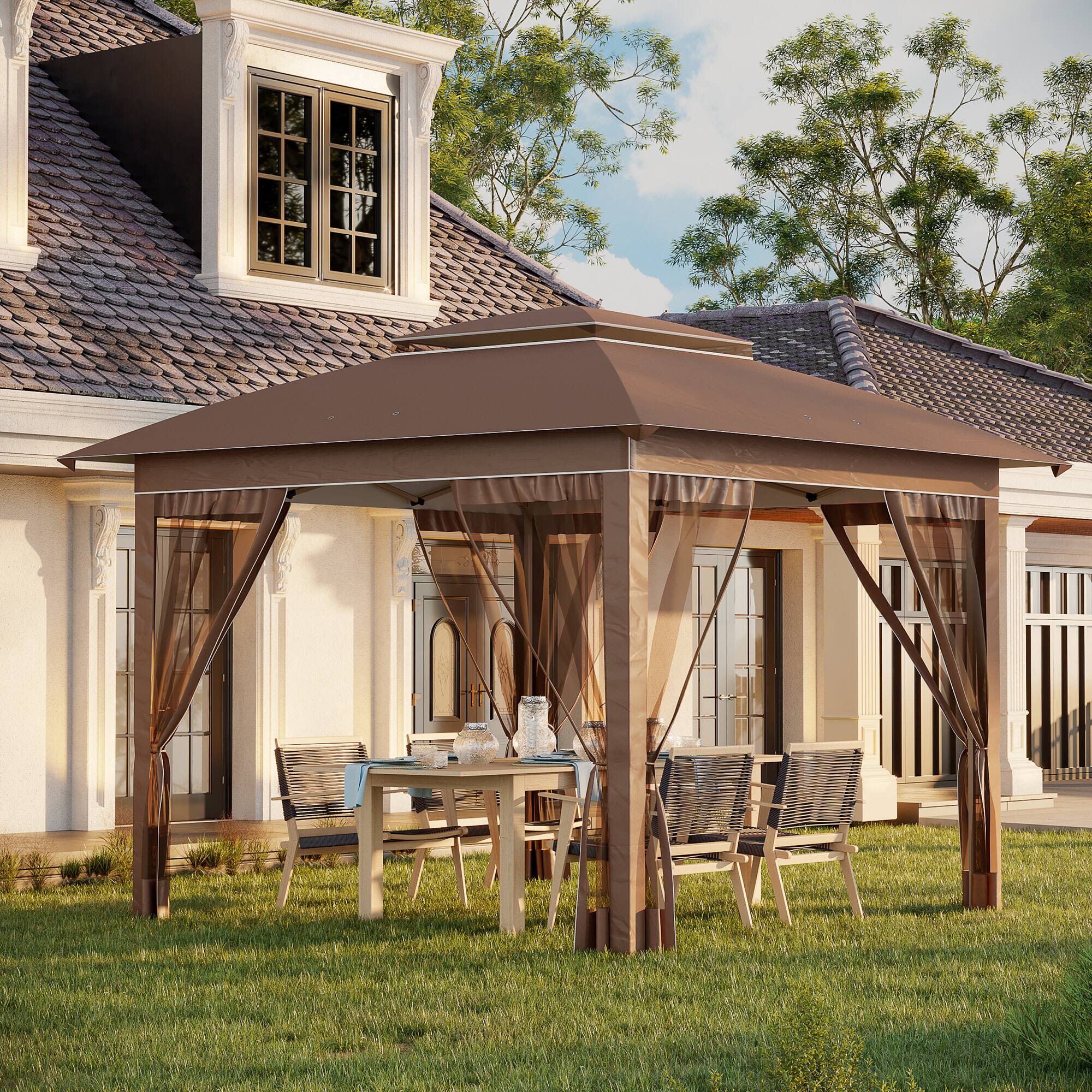 Angle. Outsunny - Outsunny 12' x 12' Pop Up Canopy Tent with Netting and Carry Bag, Instant Sun Shelter - Khaki.