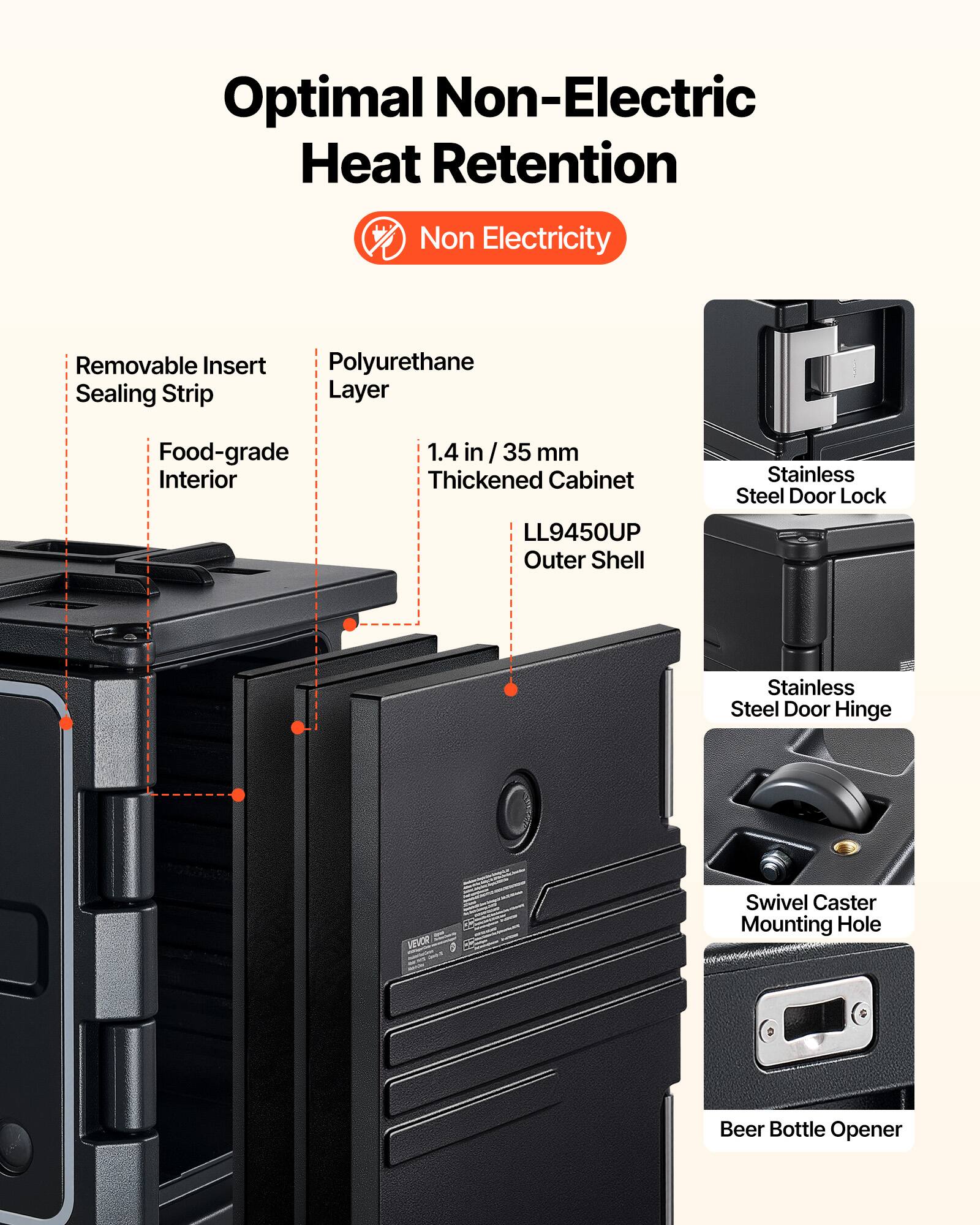Optimal Non-Electric Heat Retention  
Non Electricity  
Removable Insert Sealing Strip  
Polyurethane Layer  
Food-grade Interior  
1.4 in / 35 mm Thickened Cabinet  
Stainless Steel Door Lock LL9450UP  
Outer Shell Stainless Steel Door Hinge  
Swivel Caster Mounting Hole  
Beer Bottle Opener