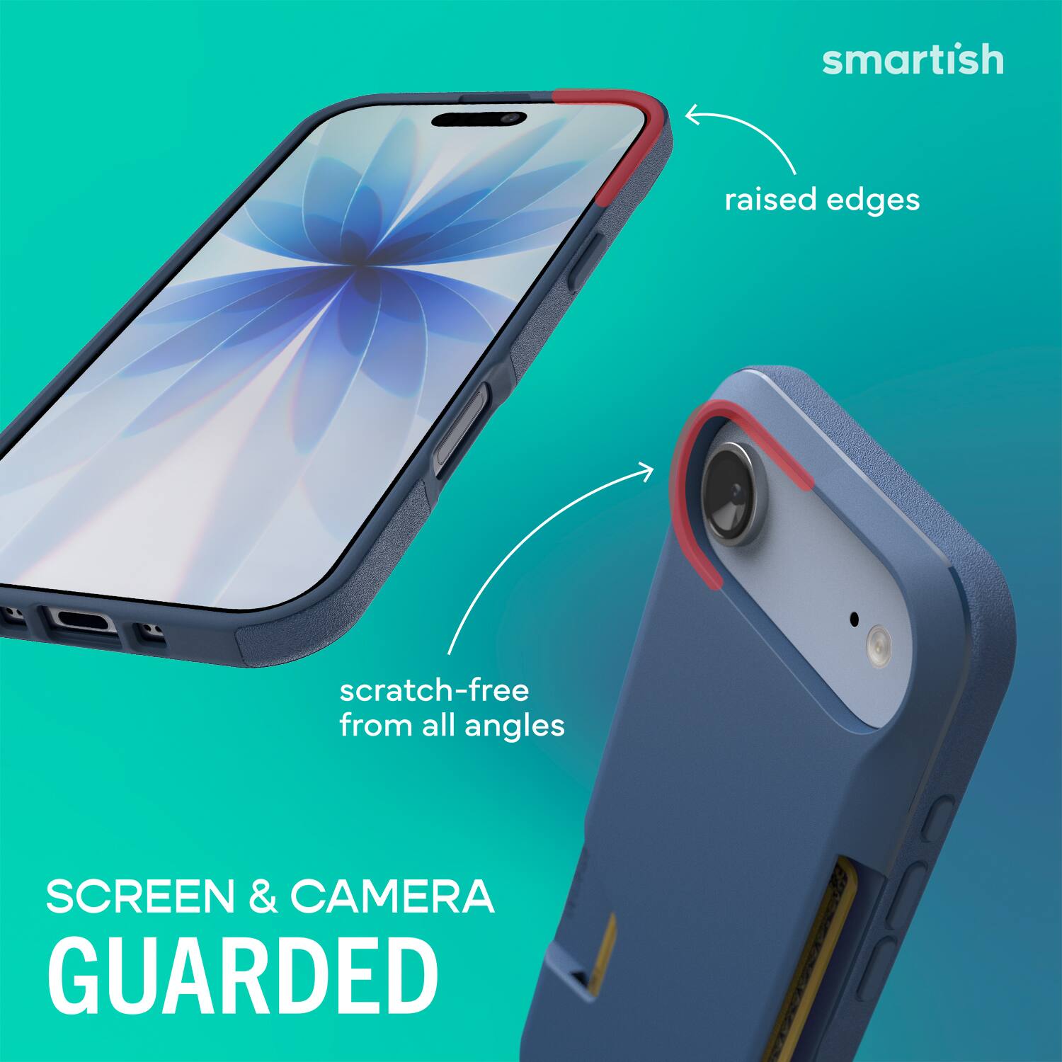 smartish  
raised edges  
scratch-free from all angles  
SCREEN & CAMERA GUARDED