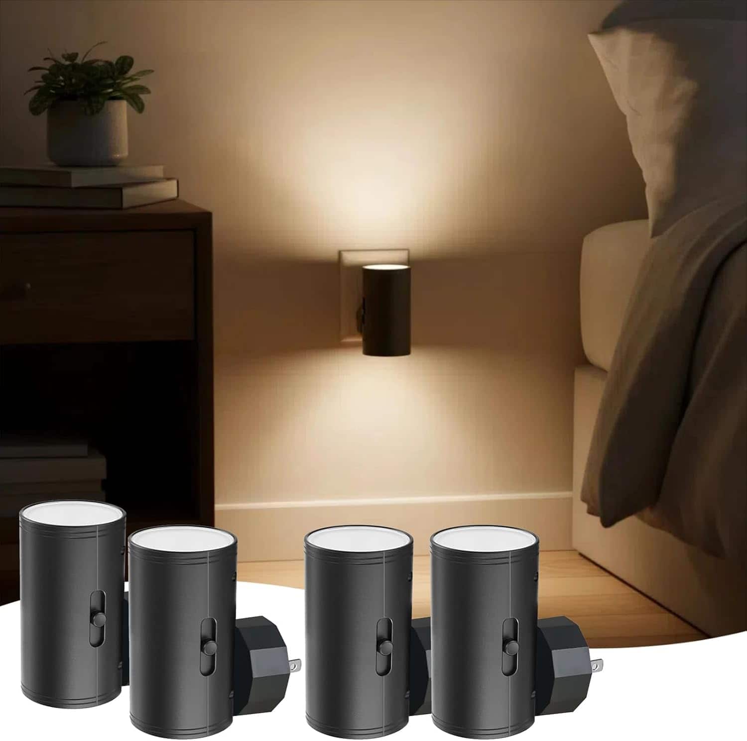 FINEAK - 4 Pack LED Night Light Plug in, Dusk to Dawn Sensor - Black