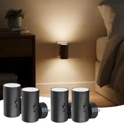 Front. FINEAK - 4 Pack LED Night Light Plug in, Dusk to Dawn Sensor - Black.