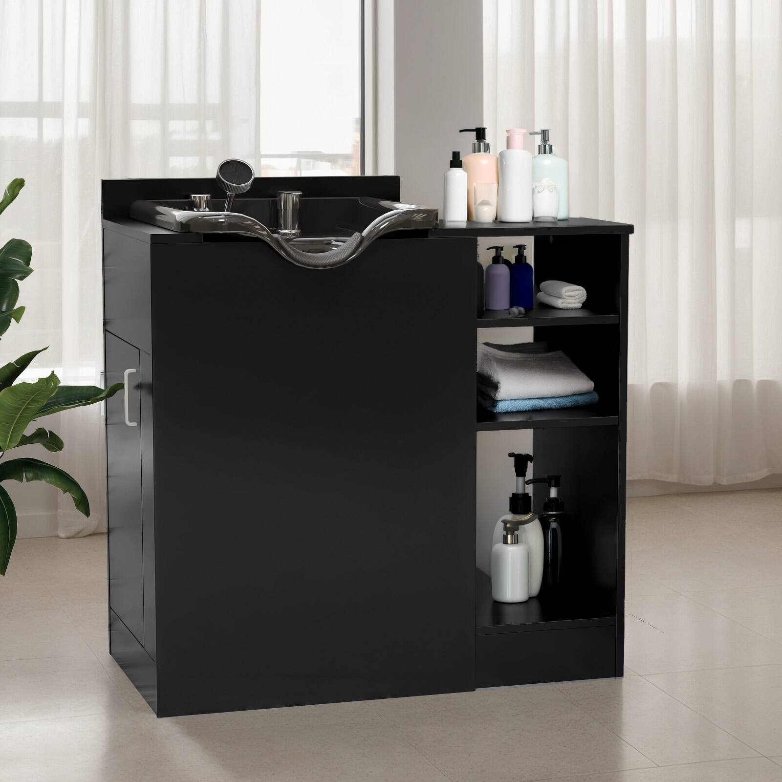 Alt View 1. Winado - Professional  Salon Station with Shampoo Sink, Adjustable Shelves, UPC Faucet, Comfort Headrest for Beauty, Home Studios - Black.