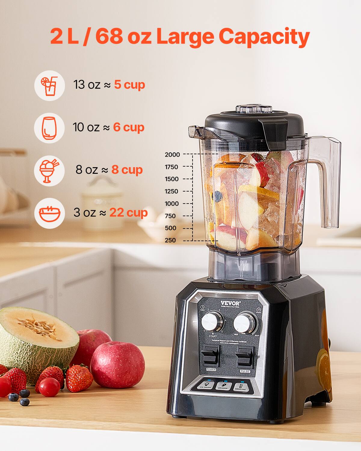 2L/68 OZ Large Capacity
13 oz  5 cup
10 oz  6 cup
8 oz  8 cup
3 oz  22 cup
VEVOR