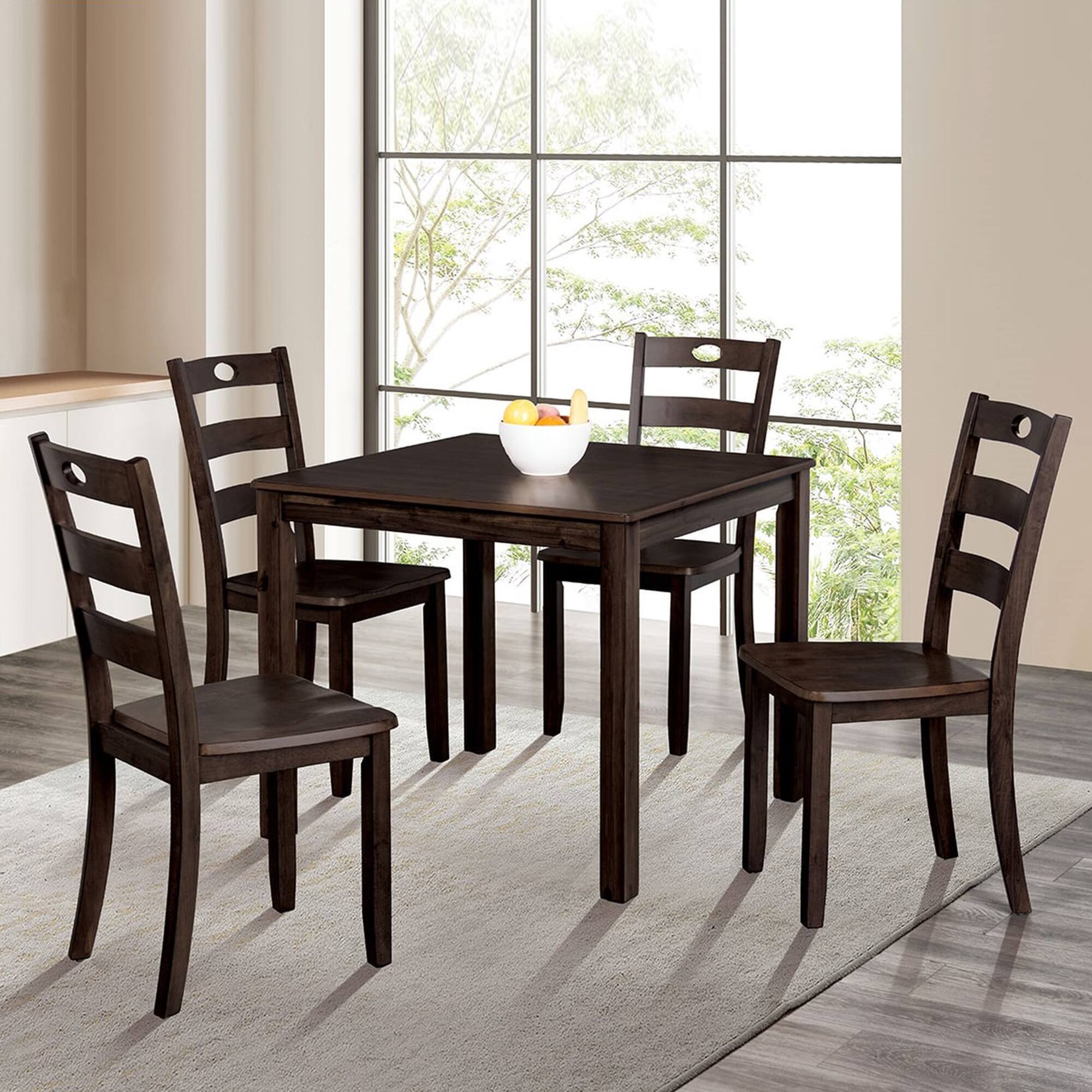 Angle. Vaczon - 5Pc Dining Table Set, Solid Rubberwood Dining Table with Slat Back Chairs, Wood Dining Set for Kitchen and Dining Room - Expresso.