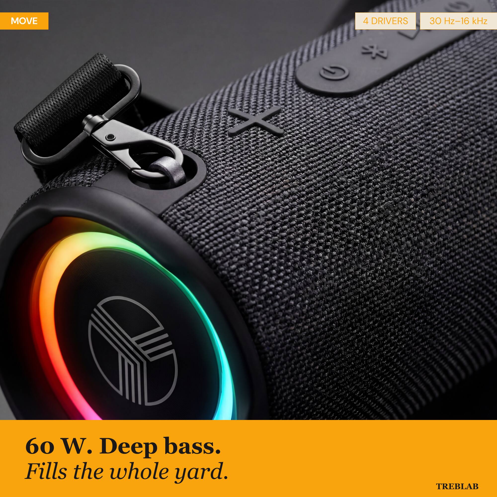 MOVE 4 DRIVERS 30 Hz-16 kHz A C 60 W. Deep bass. Fills the whole yard. TREBLAB