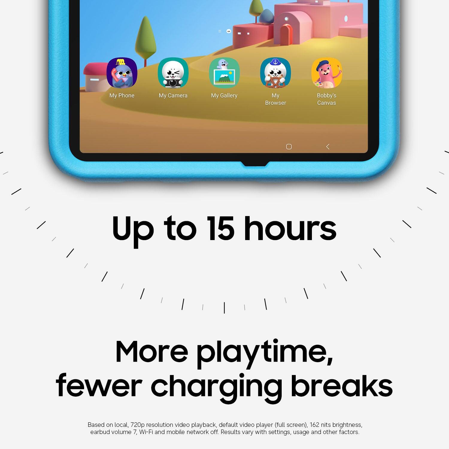 My Phone  
My Camera  
My Gallery  
My Browser  
Bobby's Canvas  

Up to 15 hours  
More playtime, fewer charging breaks  

Based on local, 720p resolution video playback, default video player (full screen), 162 nits brightness, earbud volume 7, Wi-Fi and mobile network off. Results vary with settings, usage and other factors.