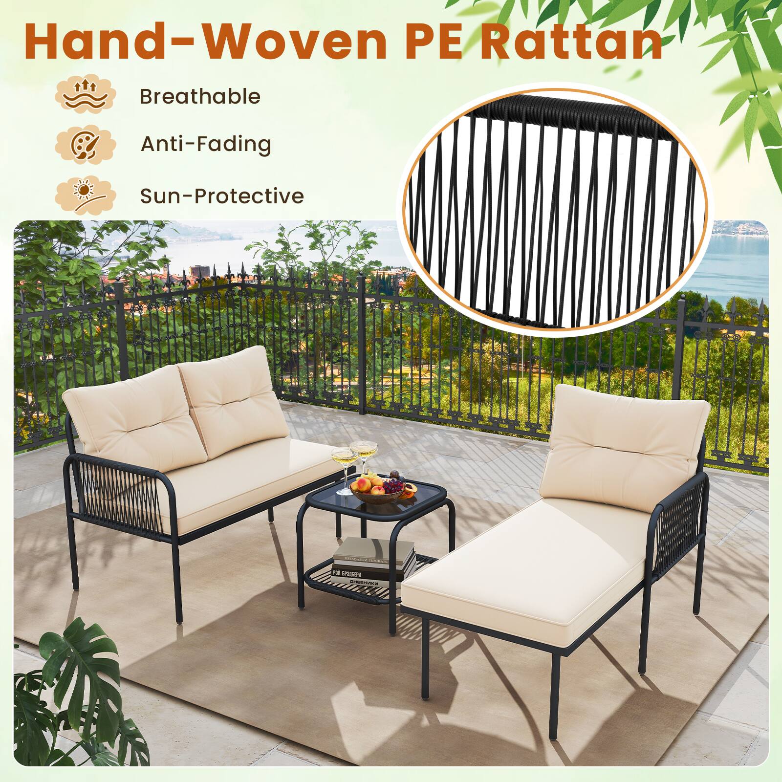 Hand-Woven PE Rattan, Breathable, Anti-Fading, Sun-Protective