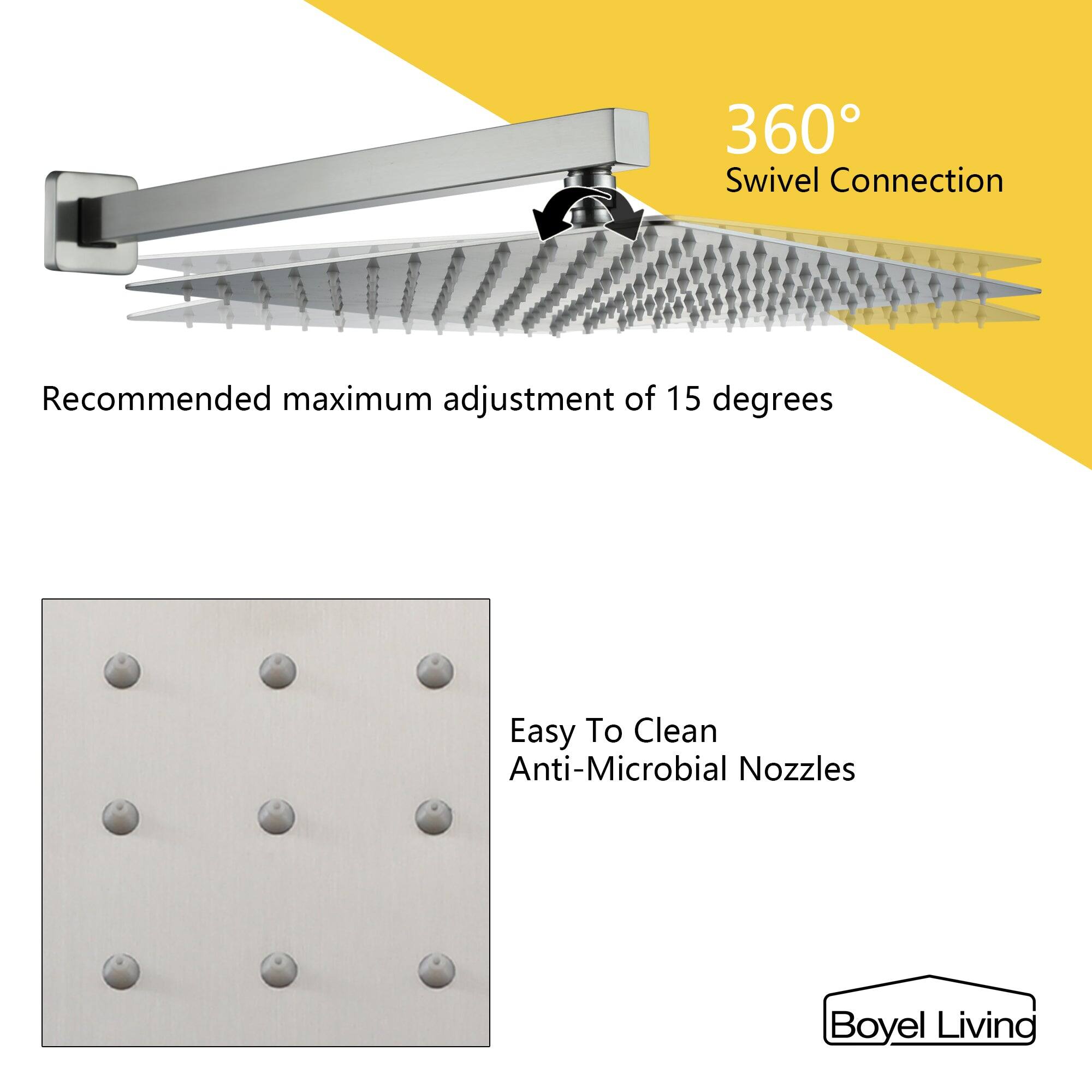 360° Swivel Connection Recommended maximum adjustment of 15 degrees Easy To Clean Anti-Microbial Nozzles Boyel Living