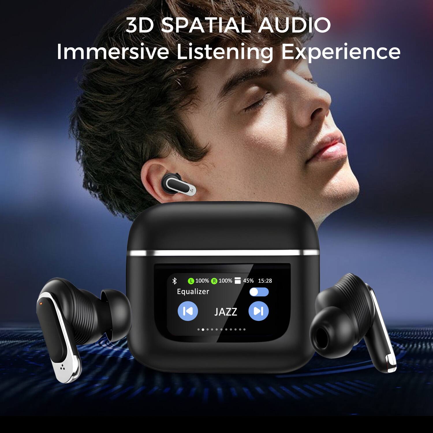 3D SPATIAL AUDIO  
Immersive Listening Experience  

Equalizer 100% 45% 15:28  
JAZZ