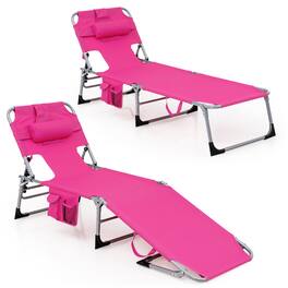 Gymax - Set of 2 Beach Chaise Lounge Chair Folding Reclining Chair w/ Facing Hole - Pink