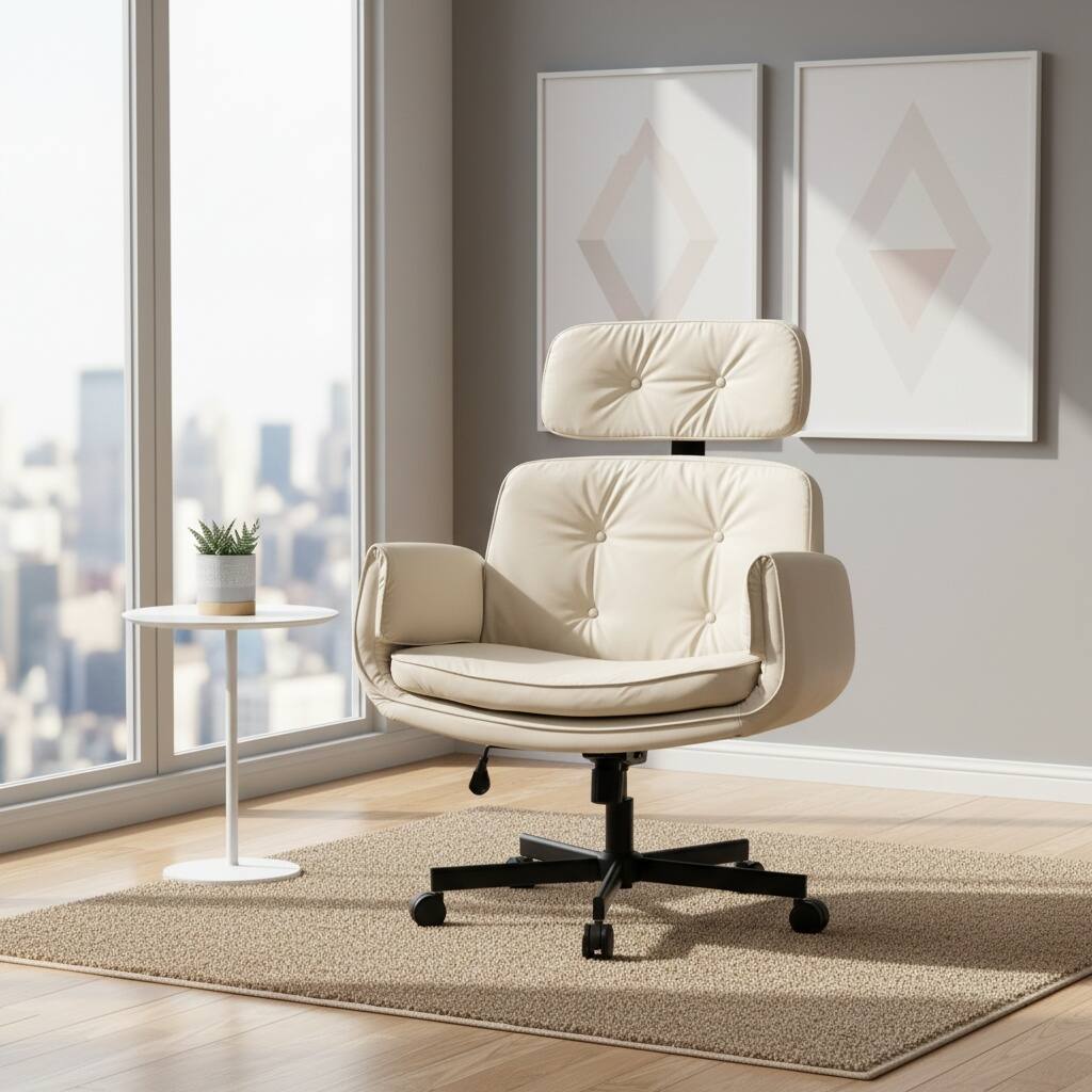 Alt View 1. Forest'nSky - Wide Cross-Legged Office Chair with Adjustable Headrest, Arms & Wheels, Swivel PU Task Chair for Makeup, Gaming,Beige - Beige.