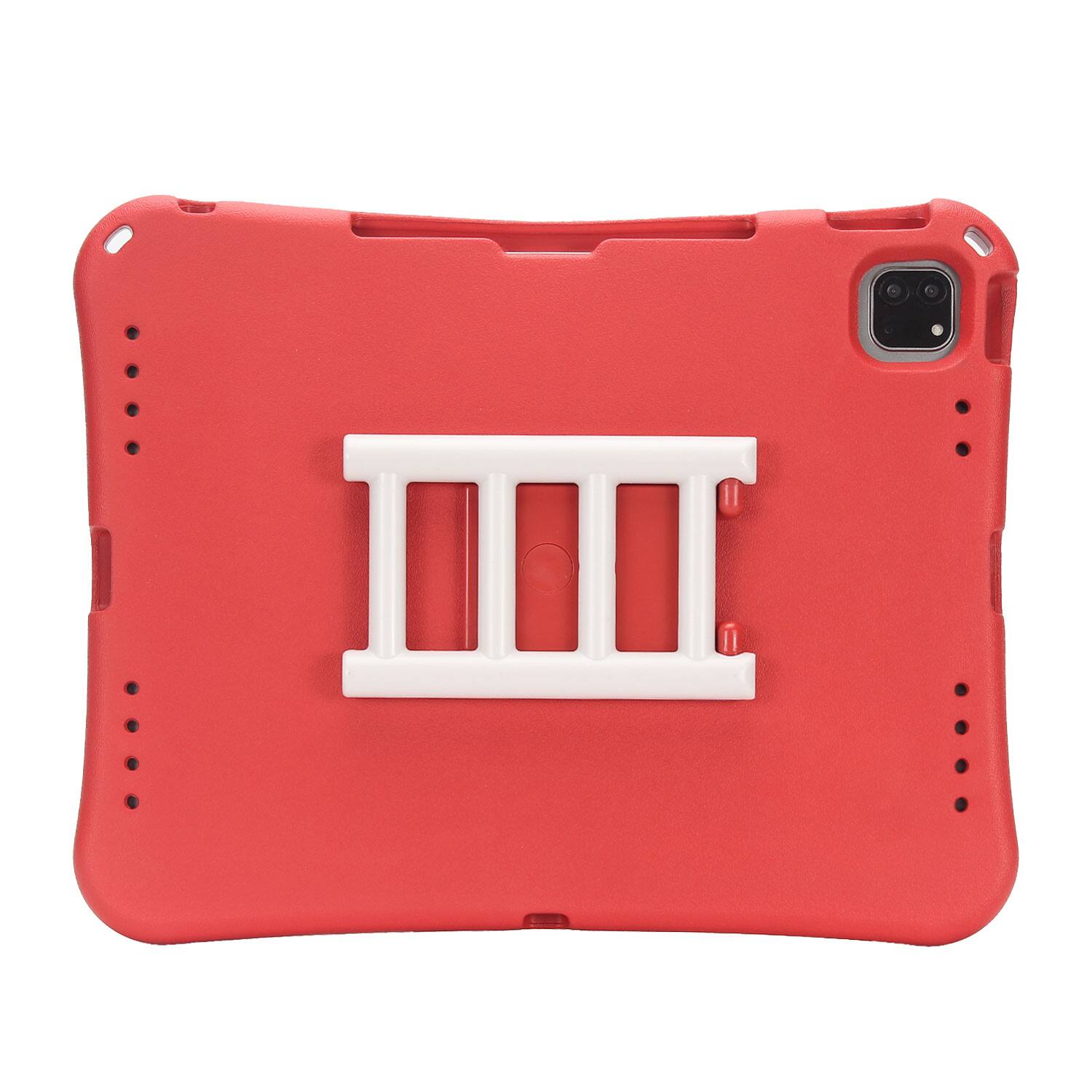 The image shows a red tablet case with a white stand attached to the back.