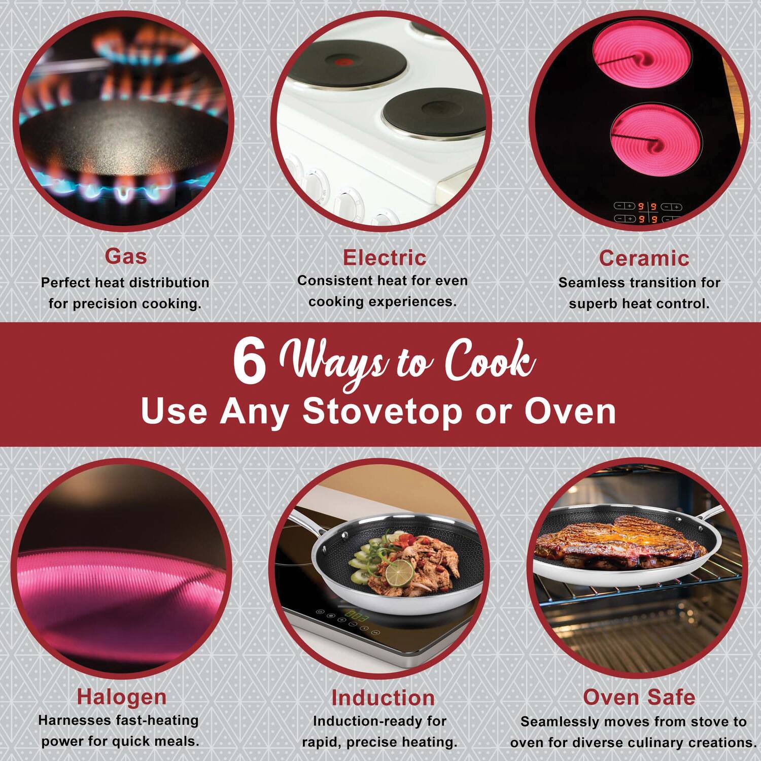 6 Ways to Cook  
Use Any Stovetop or Oven

- Gas: Perfect heat distribution for precision cooking.
- Electric: Consistent heat for even cooking experiences.
- Ceramic: Seamless transition for superb heat control.
- Halogen: Harnesses fast-heating power for quick meals.
- Induction: Induction-ready for rapid, precise heating.
- Oven Safe: Seamlessly moves from stove to oven for diverse culinary creations.